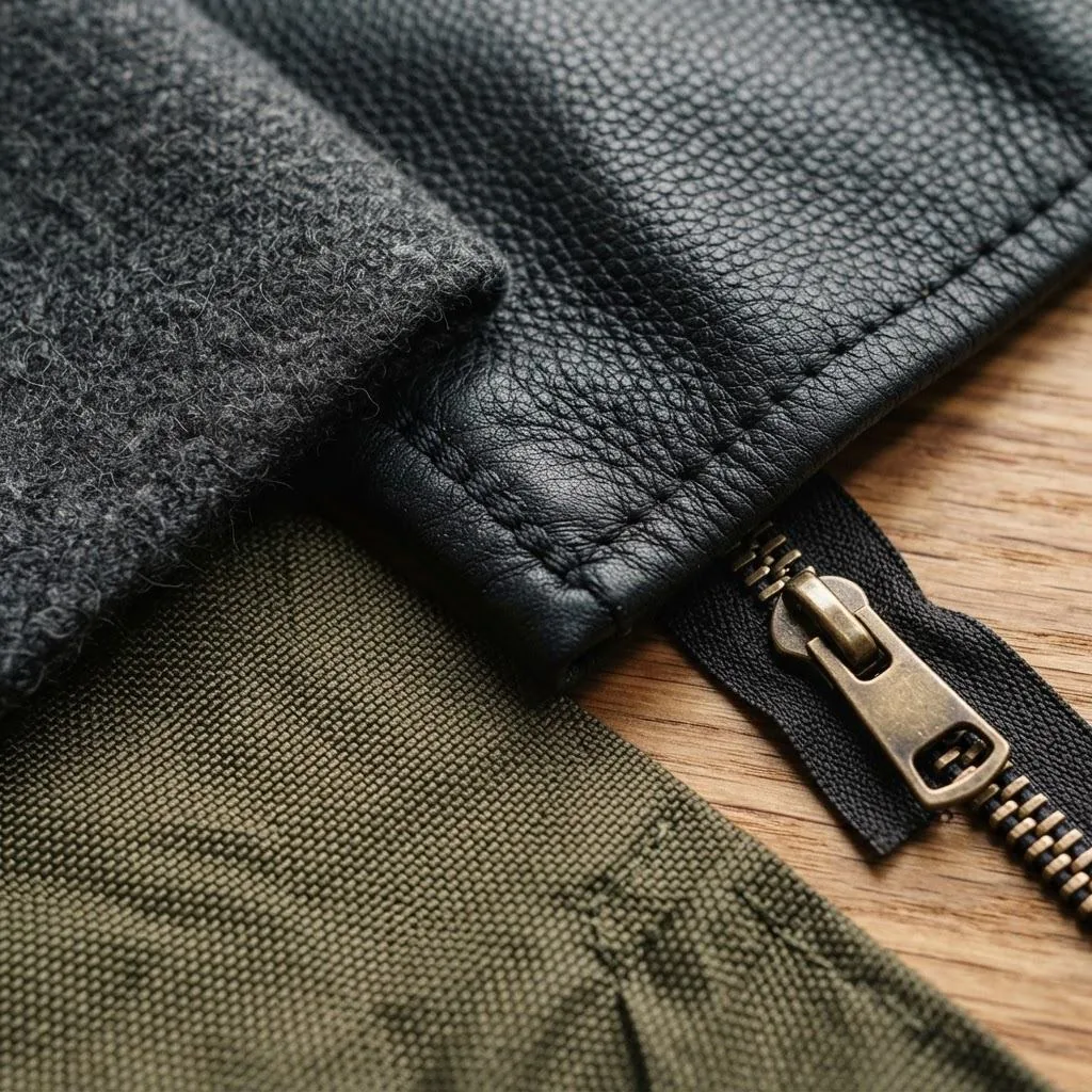 Leather, wool and olive woven fabric with a brass zip on a wooden table (conceptual material image)