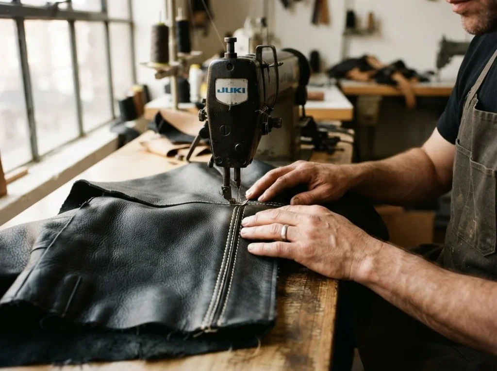 Hands guiding black leather through an industrial sewing machine (conceptual manufacturing image)